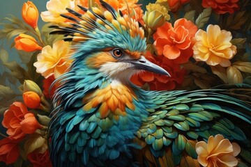 Obraz premium Bird with fantasy green feathers on a beautiful branch.