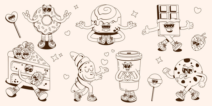  A collection of groovy cheerful desserts characters. Retro cartoon stickers or mascots for cafe. Vector illustration with a donut, cake, chocolate, coffee, croissant and cookie in monochrome palette.