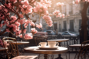 Cup of coffee on a table of outdoor cafe on sunny spring day in typical European town. Having a cup of hot beverage in the morning. - obrazy, fototapety, plakaty