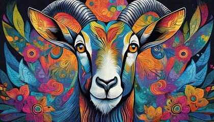 goat bright colorful and vibrant poster illustration