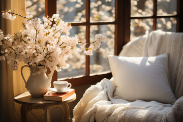 Cozy warm spring composition with open book, cozy blanket and blossoming cherry branches in vase on sunny spring day. Spring home decor. Easter.