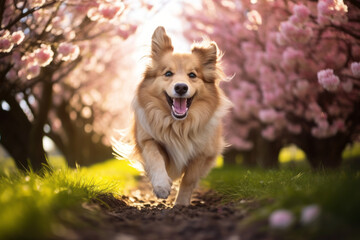 Friendly happy dog running at fast pace towards the camera in a blossoming pink cherry tree garden on spring day. Walking a dog outdoors. Super wide angle shot. Generative AI.