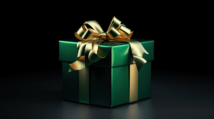 green gift box with gold ribbon isolated on black background