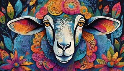 sheep bright colorful and vibrant poster illustration - 688438843