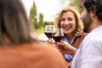 Cheerful Friends Toasting with Red Wine Outdoors