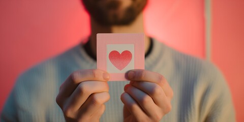 man holding valentine card with pink heart