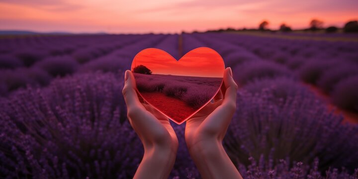 a woman's hand holding a hand heart mirror in a field of lavender