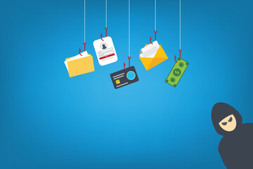 Hackers and cybercriminals phishing, identity theft, user login, password, documents, email and credit card. Hacking and web security. Internet phishing concept. Vector illustration