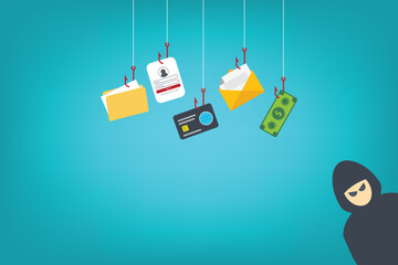 Hackers and cybercriminals phishing, identity theft, user login, password, documents, email and credit card. Hacking and web security. Internet phishing concept. Vector illustration