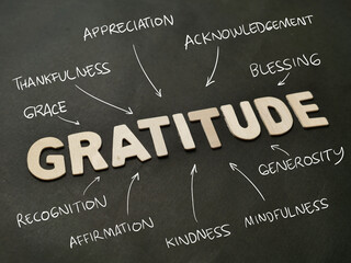 Gratitude text, written on wooden lettering, balance in life