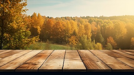 Naklejka na ściany i meble Empty Wooden Table With Autumn Background