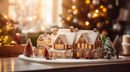 Cute Christmas city made of gingerbread houses. Copy space image