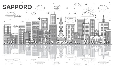 Outline Sapporo Japan city skyline with modern, historic buildings and reflections isolated on white. Sapporo cityscape with landmarks.