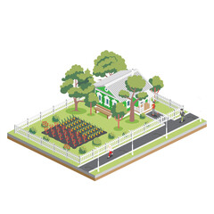 Isometric old house with trees and vegetable garden beds in suburb. Infographic element. Farm isolated on white background. Ecological natural organic agriculture. Growing plants.