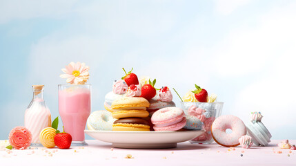 Sweet diet donuts, marshmallows, strawberry milkshakes on a light blue background - 688439692