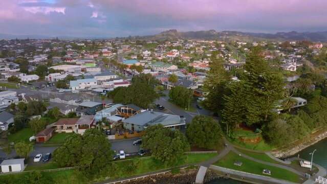 Aerial: Downtown Raglan, Waikato, New Zealand. 21 August 2023