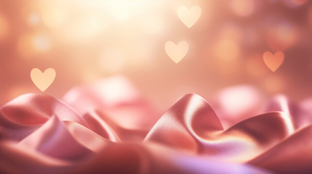 Naklejki Beautiful golden Valentine's day background with soft pastel pink silk and heart shape bokeh