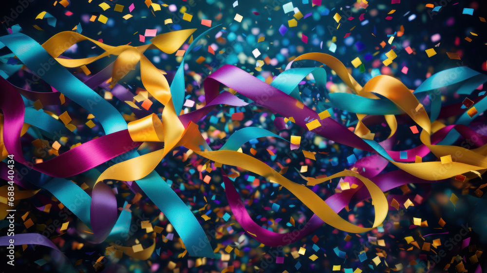 Poster abstract background with confetti on colorful ribbons on dark background