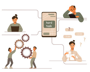 Work team performs complex task. Different people on a job. Cartoon men and women working on a difficult project. Infographic about collective process.