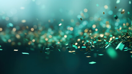 Abstract background with confetti on green ribbons on golden light backdrop - obrazy, fototapety, plakaty