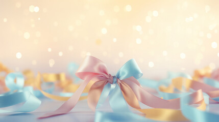 Confetti of pastel pink and blue ribbons on a bokeh background. Valentine's day backdrop