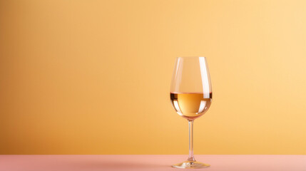 White wine bottle with a glass on a pastel muted background