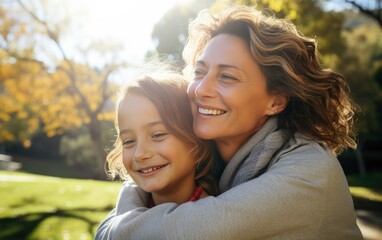 Fototapeta premium Full with excitement daughter hugging her mother neck in a park towards the sun at a sunny day
