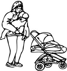 Sketch a mother cradles a baby in her arms to put in a stroller. Hand made ink drawing