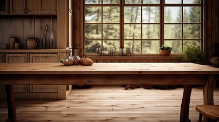 Fototapeta na wymiar Empty Wooden Table With Kitchen In Background