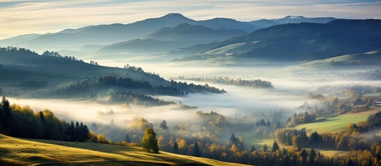 Misty morning scenery of Carpathian mountains among beautiful autumn landscape.