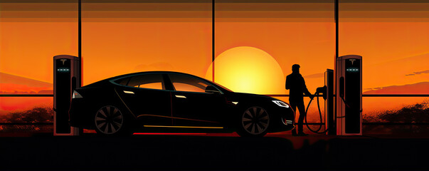 Modern electric car in silhoete shape. electric charge station in evening sunny back light.