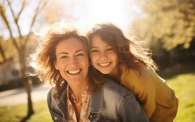 Fototapeta premium Full with excitement daughter hugging her mother neck in a park towards the sun at a sunny day