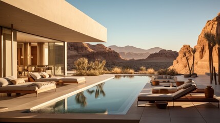 Fototapeta premium White villa with swimming pool, breathtaking view for dessert dunes