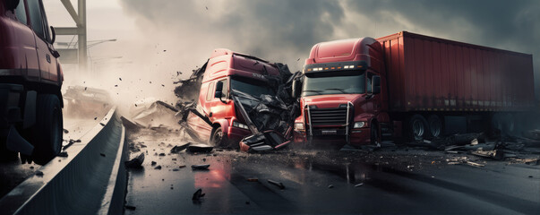 Heavy truck accident in evening on highway. - obrazy, fototapety, plakaty