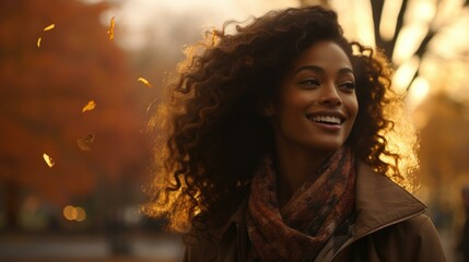 A woman with curly hair smiles in the fall. Generative AI.