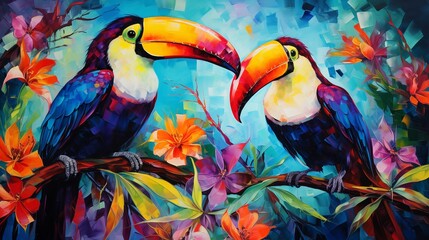 Tropical Paradise: Lush Palm Leaves, Exotic Flowers, and Colorful Toucans in Vibrant Watercolor Pastel.