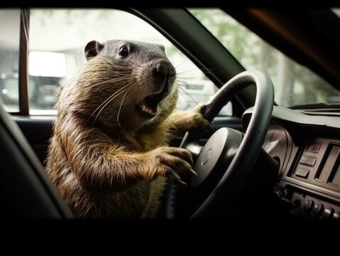 A groundhog is driving a car. Generative AI.