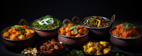 Fresh indian food in dark bowls on black background.