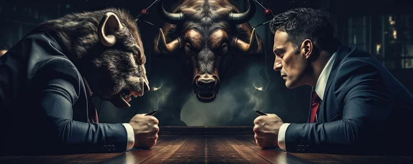 Zelfklevend Fotobehang Angry Bulls fight in suits. Bull market bussiness concept. © Michal
