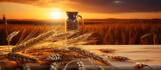 Beautiful sunset over a wheat field with agricultural silos for grain storage and drying