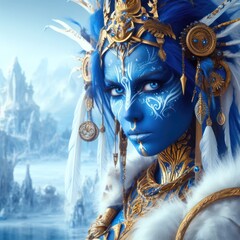 fantasy blue skinned alien woman with facial markings and gold headress and ornaments