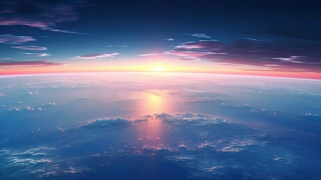 Flying over the world's oceans at dawn Airplane