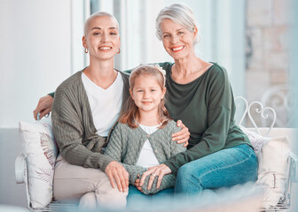 Mother, grandmother and daughter on couch, portrait and hug with love, care and bonding in lounge at family house. Mama, grandma and girl child with embrace, relax and together on living room sofa