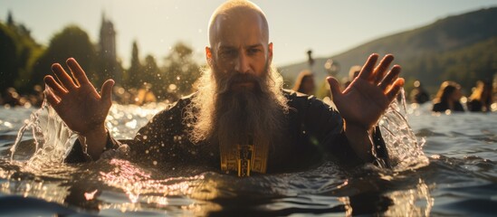 Orthodox church baptism with water and priest's ritual.