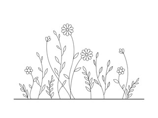 Hand-drawn wild flowers sketch set isolated on white background. Spring herbal design. 
Black Silhouettes Of Grass, Flowers And Herbs. 