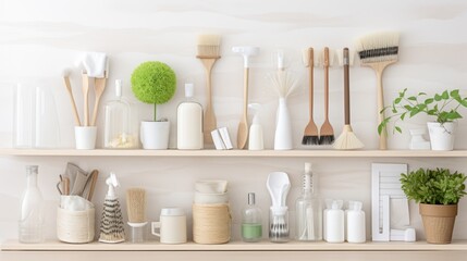 Fototapeta na wymiar Tidy Home. Well-Organized Cleaning Supplies and Tools for an Immaculate and Tranquil Living Space