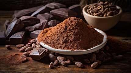 chocolate powder in a container, Raw cocoa beans, bowl with cocoa powder, chocolate in a sack