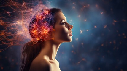 Woman with neurons in the brain - obrazy, fototapety, plakaty