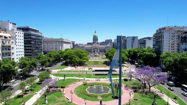 Beautiful aerial footage of the Argentina flag waving, the Palace of the Argentine National Congress, in the city of Buenos Aires, Argentina 