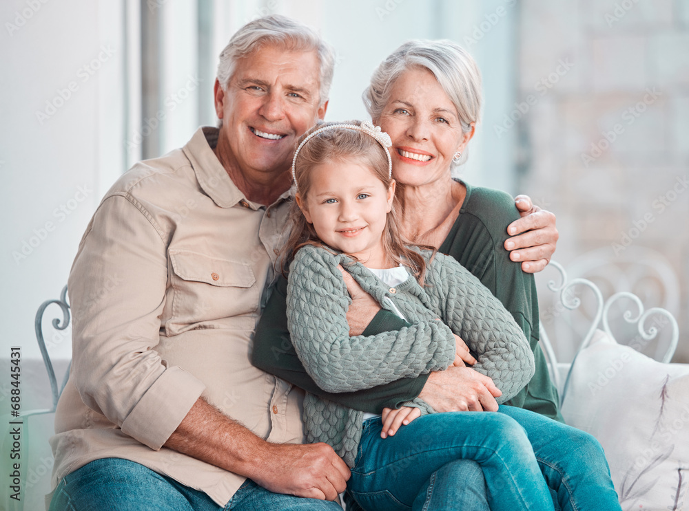 Sticker Grandparents, hug and portrait on couch with girl, care and bonding with love, retirement and home living room. Happy old man, elderly woman and embrace child in lounge, relax and pride in apartment